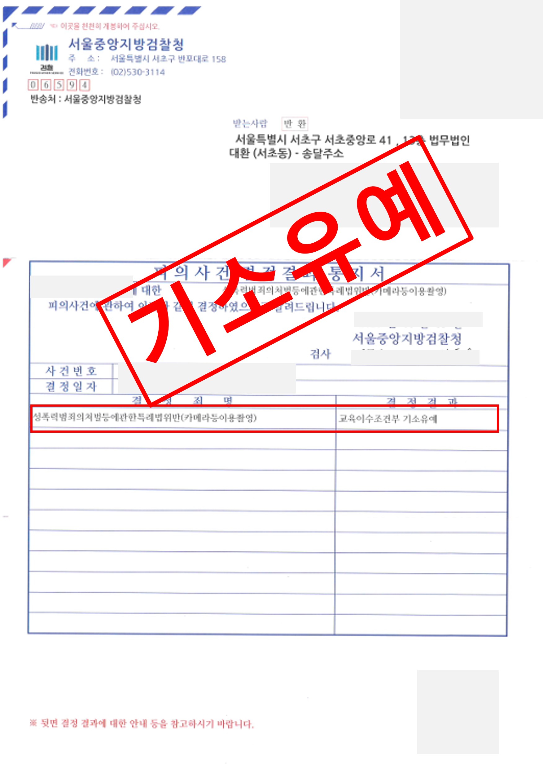 카메라등이용촬영죄(몰카) 기소유예로 종결