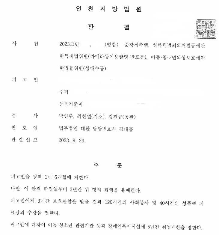 준강제추행, 성폭법위반(카메라촬영), 아청법위반(성매수) 합의성공 및 집행유예 사례