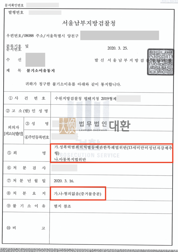13세미만 미성년자 강제추행으로 학원 수강생에게 고소를 당한 사건 무혐의 성공사례